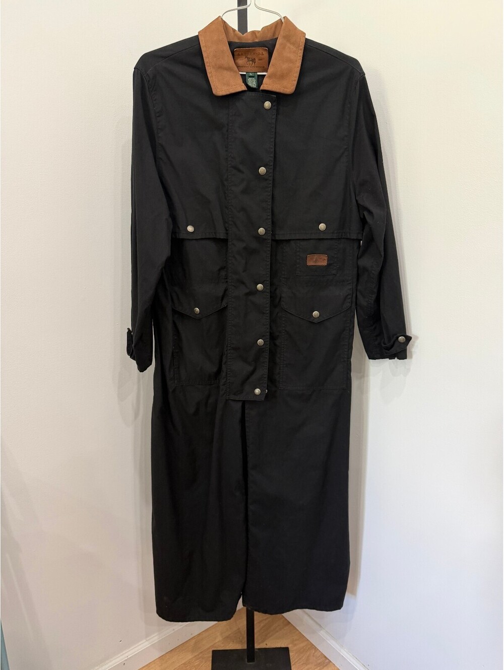 Ralph Lauren Black Long Waxed Cotton Trench Coat with Brown Corduroy Collar